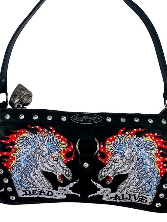 •Dead Alive• Ed Hardy Black Black Y2K Shoulder Bag Studded Horses Baguette Purse - Picture 4 of 4